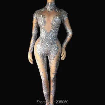 

2020 Women's Sexy Rhinestones Bodysuit Stage Outfit Female Singer Gray Leggings Nightclub Nude Crystals Costume Dance Jumpsuit