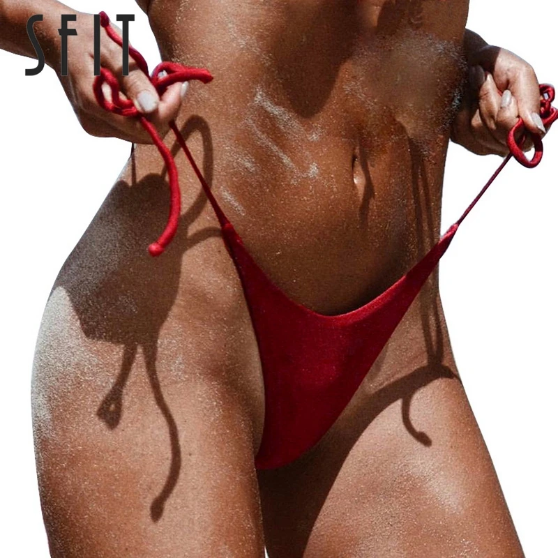 Sfit Sexy Thong Women's Solid Bikini Bottoms G-string Swim Shorts Bikini Tanga Push Up Hipster Knitted Bathing Suit Bottoms