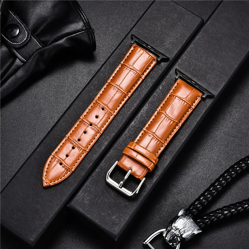 Genuine Cowhide Leather Watchband with Bamboo Pattern Design