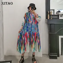 XITAO принтованное платье размера плюс макси Женская одежда короткий рукав пуловер отложной воротник Мода Дикий WBB4072