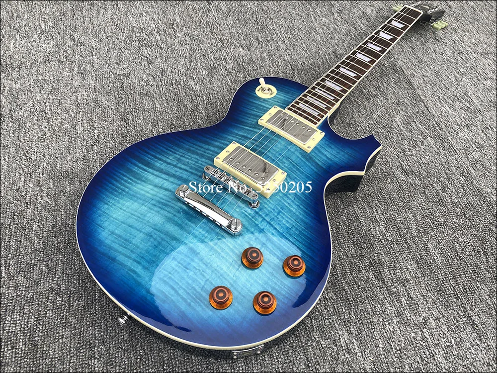 Высокое качество 6 строка Электрогитары, корпус из красного дерева с верхом из обожжённого Клёна, синий цвет, Быстросохнущий лак для ногтей