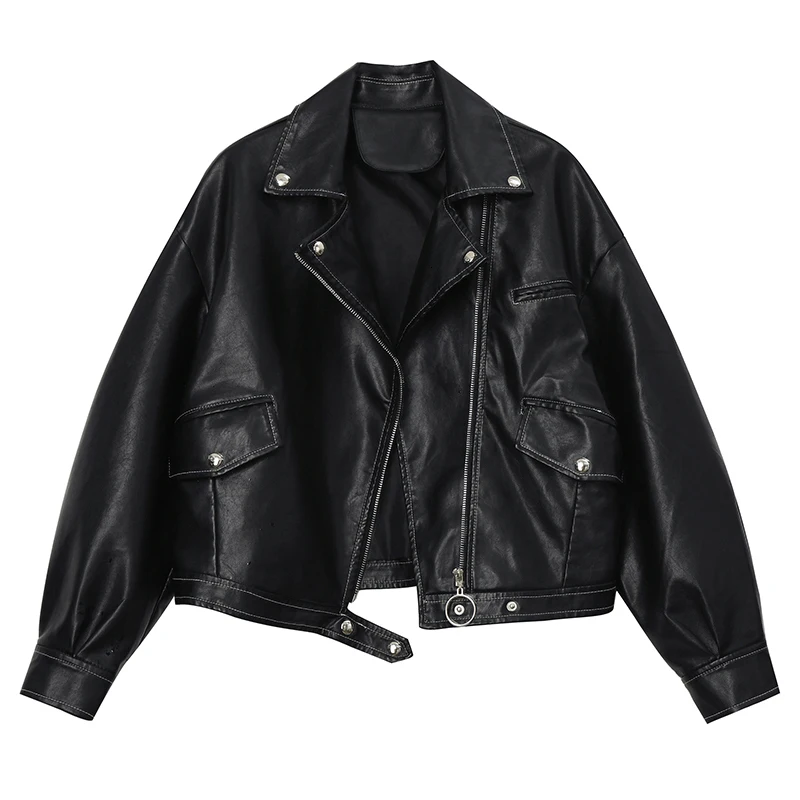 [EAM] Loose Fit Black Pu Leather Pocket Short Jacket New Lapel Long Sleeve Women Coat Fashion Tide Autumn Winter 1K530 - Цвет: black