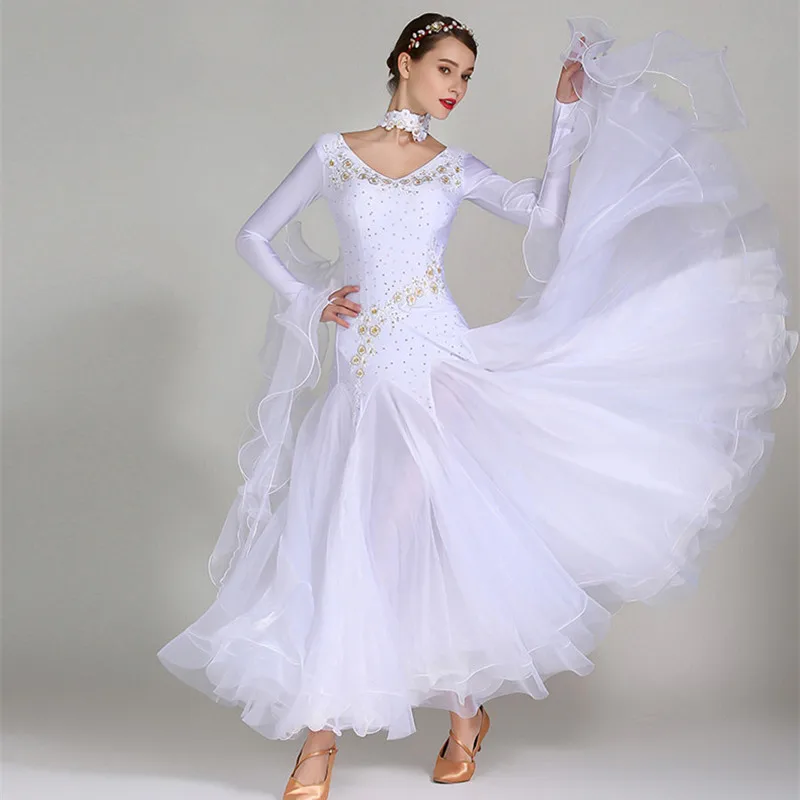 V Neck Sequins Elegant White Standard Ball Dress Waltz Dresses For Ballroom Dancing Foxtrot Dance Dress Dance Wear