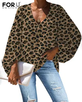 

FORUDESIGNS Casual Blouse Leopard Print Womens Deep V Neck Front Tie Knot Tops and Blouses for Work Batwing Sleeve Loose Shirts