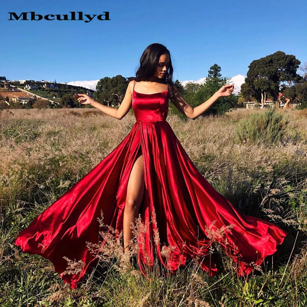 

Mbcullyd Cross Back High Slit Satin Prom Dresses Long with Pocket Sexy Backless Red Homecoming Party Gown 2019 Cheap Under 100