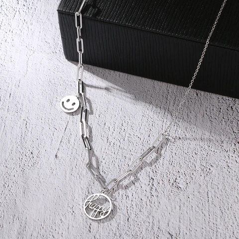 Steel Necklaces Paper Clip Style Chain Letter Happy Smile Pendant Fashion Choker Necklace For Women Jewelry Party Gift