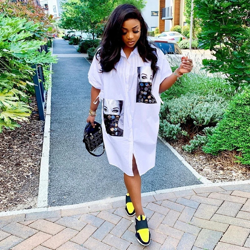 Kopen Losse Witte Shirt Jurk Vrouwen Casual Streetwear Jurk Herfst Half Mouw Print Karakter Turn Down Kraag Button Jurk