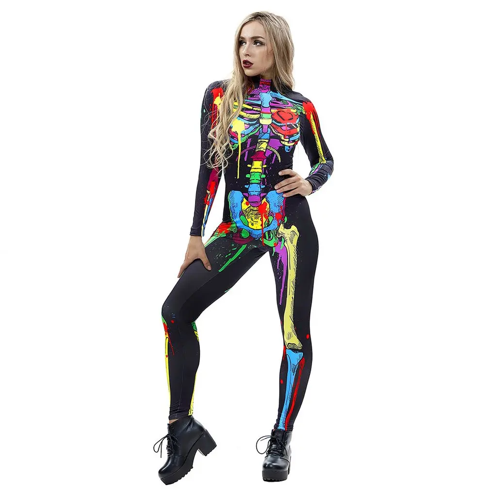 

Halloween Carnival Party Costume for Adult Scary Devil Skull Skeleton Jumpsuit Unisex Purim Hip Hop Fancy Day of The Dead