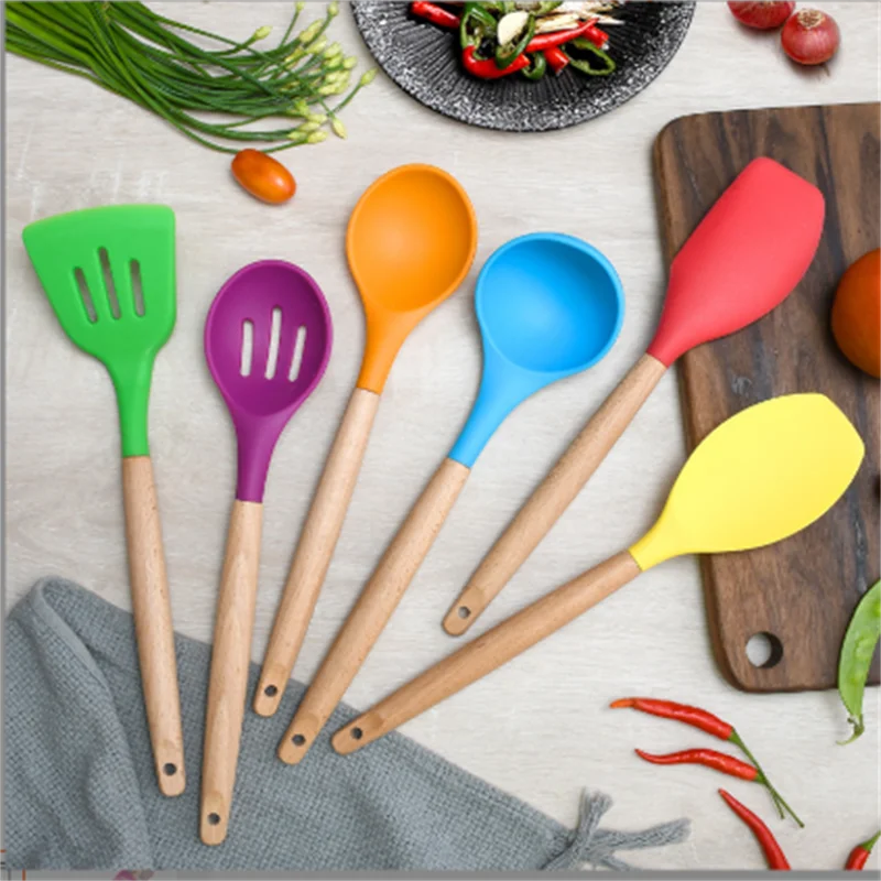 Best Silicone Cooking Utensil Set Wooden Handle Spatula Soup Spoon Brush Ladle Pasta Colander Non-stick Cookware Kitchen Tools | Дом и сад
