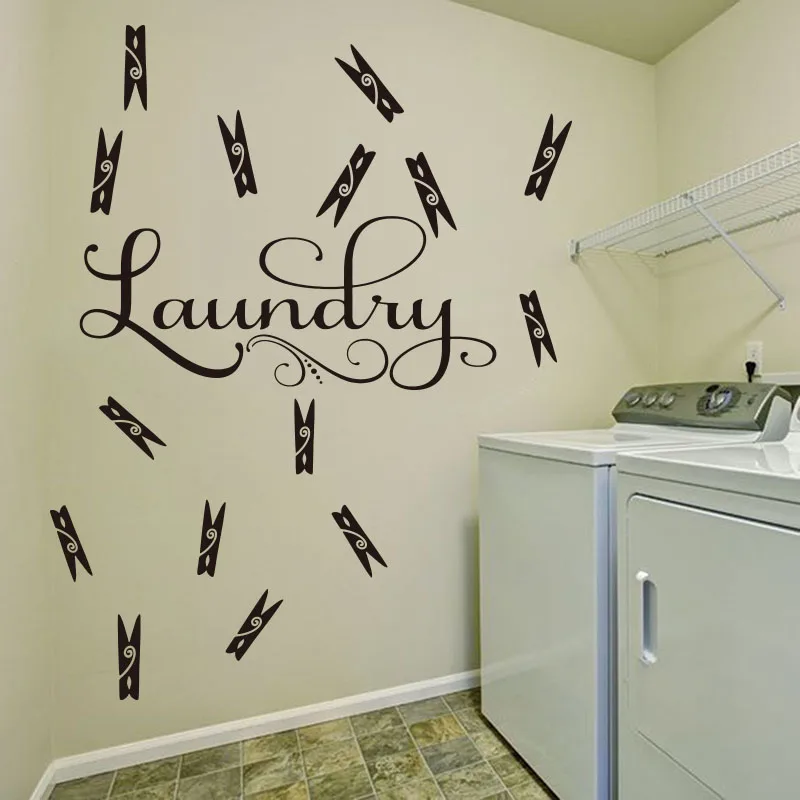 15Pcs Clothes Pin Laundry Wall Sticker Washroom Laundry Room Sign Wall Decal Vinyl Home Decor (1)