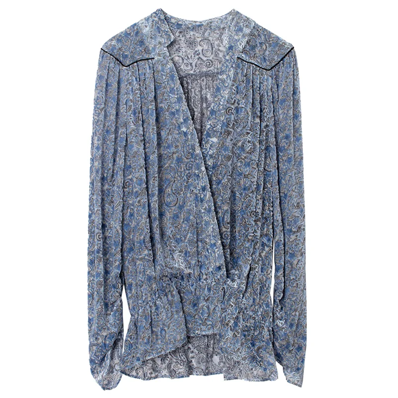 Синяя шелковая бархатная жаккардовая блузка с принтом v образным вырезом