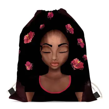 

HYCOOL Flower Black Art African Girl Print Women Drawstring Bags Cute Teen Girls Small Travel Storage Backpack Woman Sport Bag