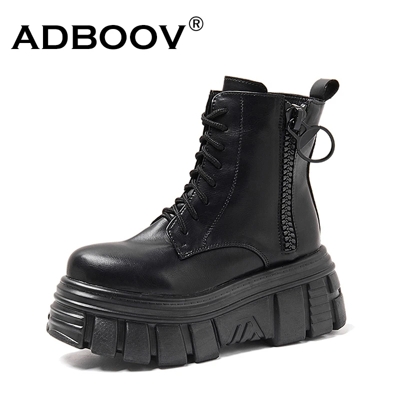 

ADBOOV Wedge Platform Boots Women Height Increasing Leather Ankle Boots Side Zip Winter Boots Ladies