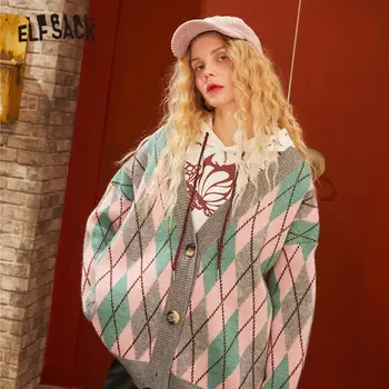 

ELFSACK Red Argyle Knit Oversize Cardigan Women Sweaters 2020 Spring Gray Colorblock Single Button Long Sleeve Ladies Daily Top