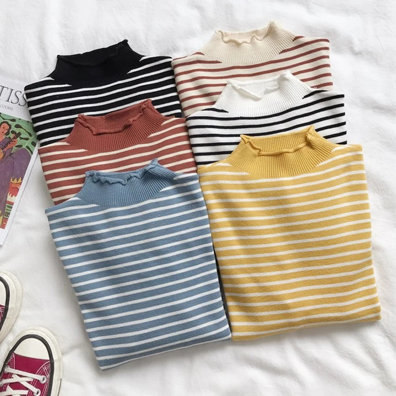 

BGTEEVER Half-turtleneck Striped Sweater Women Autumn Female Knitted Sweater Pullovers Long Sleeve Soft Jumper Knit Tops 2019