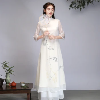 

2020 New Chinese-Style hanfu Zen Suit Female Retro Artistic Floral Printed cheongsam dress oriental clothing women qipao dress