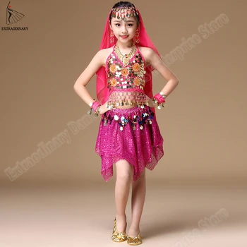 

Indian Children Clothing Belly Dance Top Skirt Necklace Earing Headwear Costumes Set Bollywood Kids Dresses Girls