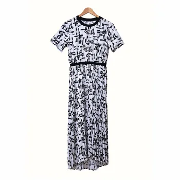 

2020 New O-neck Pleated Women Midi Dress Short-sleeved Spring Summer Printted Ladies Elegant Long Dresses Wild Stylish Female