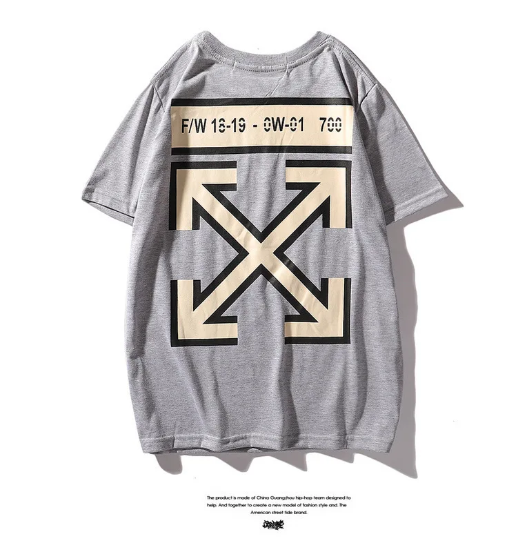 

2019 New Style Gray Pure Cotton Pullover Tee Europe And America Popular Brand Ow Yellow Arrowhead Large Size Short Sleeve T-shir