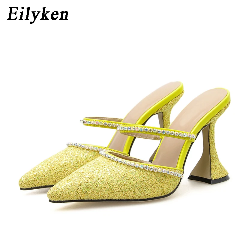 Eilyken; коллекция года; сезон лето; Новинка; элегантные женские туфли без задника со стразами и блестками; женские модельные туфли с острым носком и каблуком-чашкой