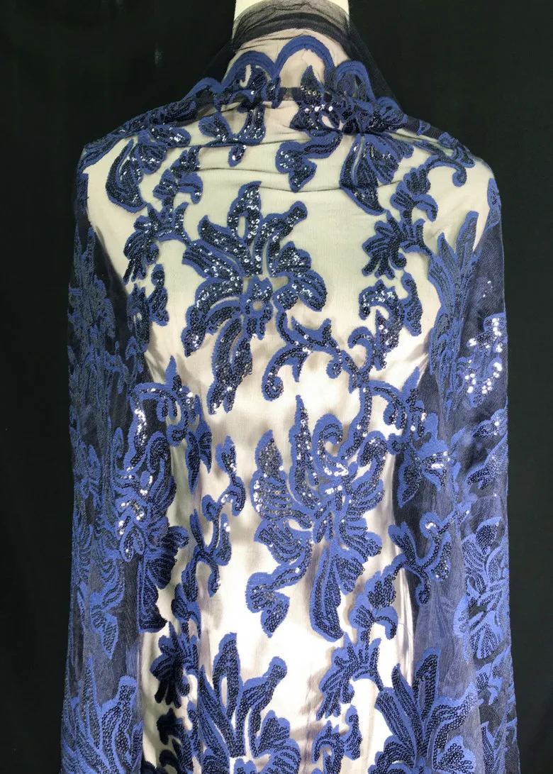 10 м/лот темно-синий вышитый цветок блестящая ткань для вечернего платья для выступлений модная одежда ткань