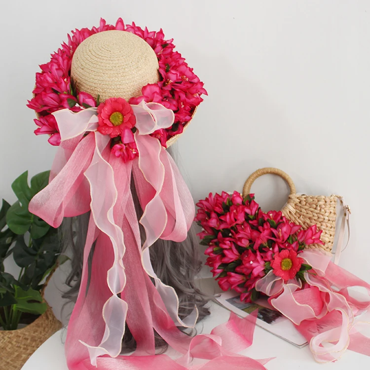 

Summer Lace Rattan Handbag and Hat Suit Multicolor Artificial Flower Weave Straw Casual Tote Bohemia Women Flower Beach Tote Bag