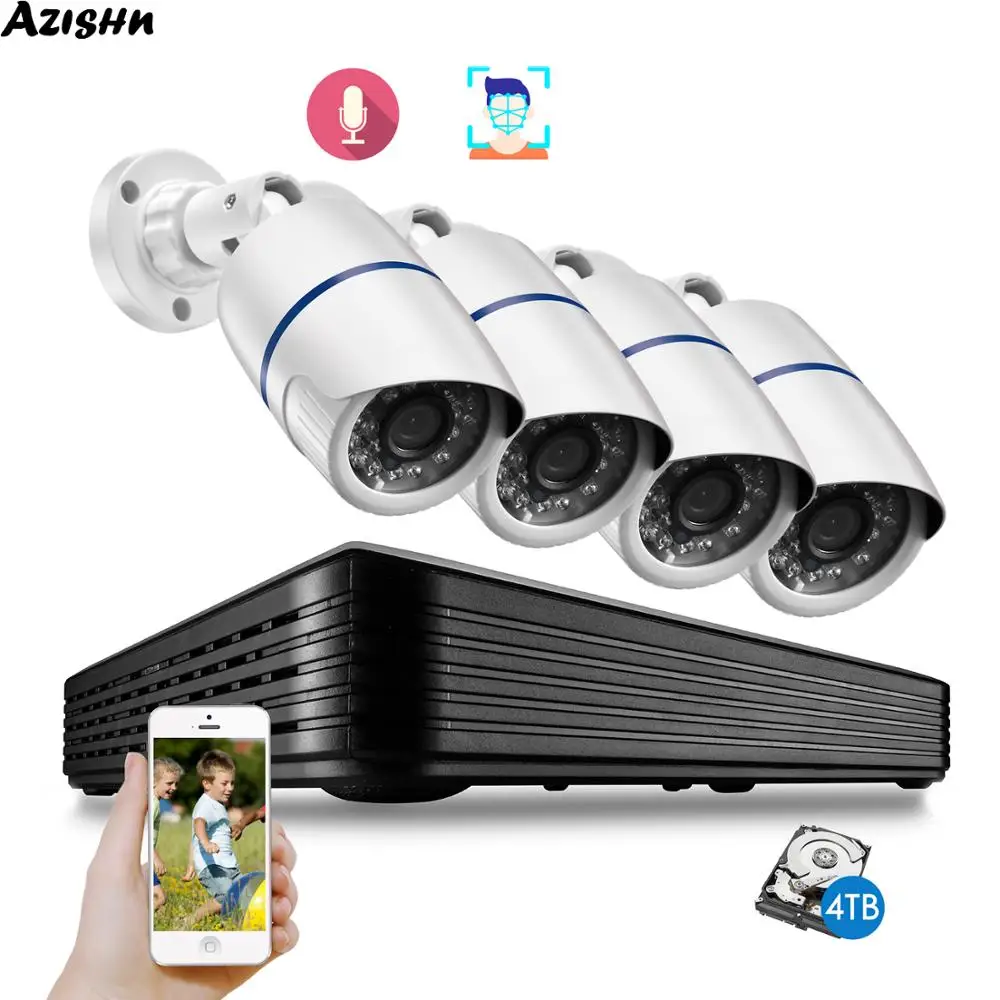 Система видеонаблюдения AZISHN H.265AI 4 канала NVR 5 МП POE IP камеры с записью звука и