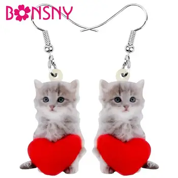 

Bonsny Acrylic Valentine's Day Heart Long-haired Cat Earrings Animal Drop Dangle Jewelry For Women Girl Teen Festival Charm Gift