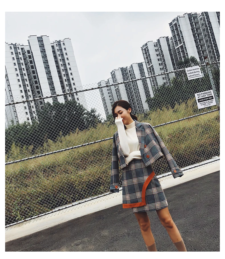 Модные весенне-осенние комплекты из 2 предметов корейский элегантный короткий клетчатый пиджак + Асимметричная мини-юбка комплекты из двух