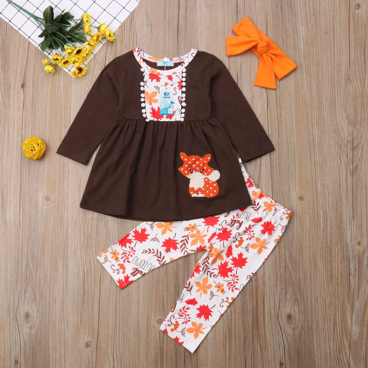 Emmababy футболка с длинными рукавами и рисунком лисы для маленьких девочек топ, мини-платье+ штаны, леггинсы повязка на голову, комплект одежды из 3 предметов, осенняя одежда