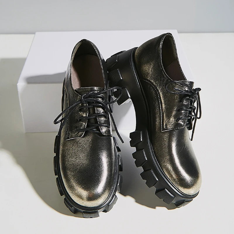 Women's genuine leather thick sole platform flats lace-up oxfords leisure punk female soft comfortable brogues student shoes hot - Цвет: gold