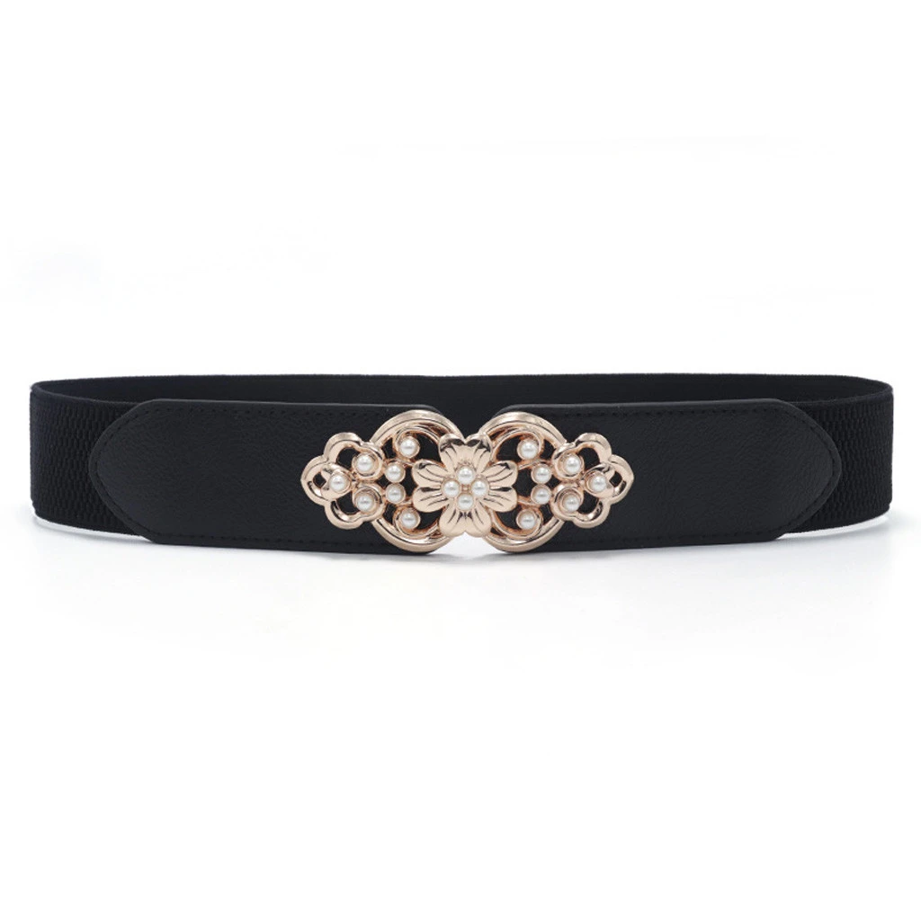 Women Retro Gold Floral Buckle Stretch Belt Lady Fashion Brief Vintage Wide Thin Skinny Elastic Waist Band 907