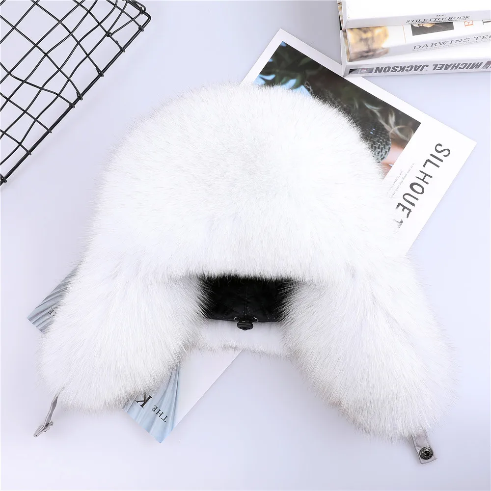 Unisex 100% Real Fur Hat for Women Natural Silver Fox Fur Russian Ushanka Hats Winter Thick Warm Ears Fashion Men's Bomber Cap