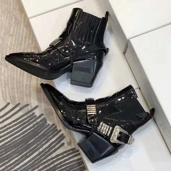

Ankle Boots for Women Patent Leather Mental Buckle Decro Female Chelsea Boots Chunky Square Heels Elastic Side Luxury Designer