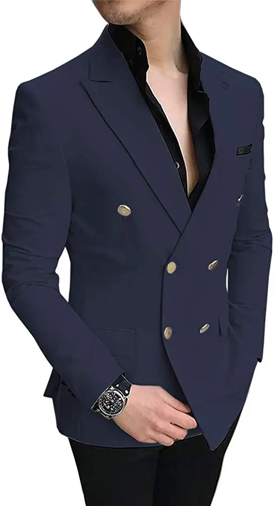 Navy Blue Новинка, мужские костюмы, повседневные смокинги на выпускной, приталенные, 2 предмета, двубортные, с отворотом, свадебные, для жениха(Блейзер+ брюки - Цвет: Navy Blue