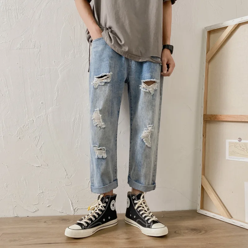 

Summer Straight Jeans Men's Fashion Washed Retro Ripped Jeans Men Streetwear Loose Hip Hop Hole Denim Trousers Mens M-2XL