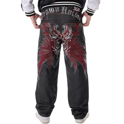 Pantalones vaqueros de rayas para hombre, Jeans sueltos de Hip Hop con estampado de Hiphop, pantalón de tendencia con alas de flores bordadas