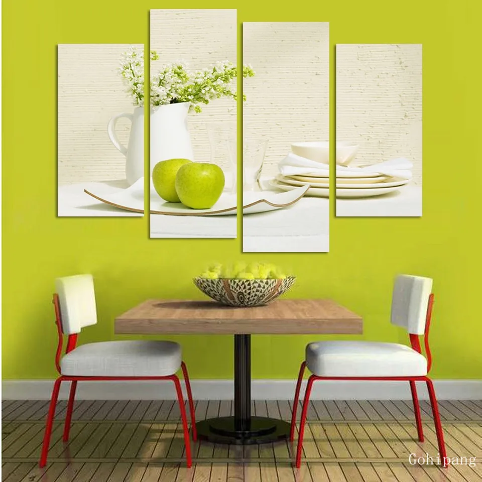 Modular Canvas Kitchen Home Decor Paintings 4 Panel Apple Vase Tableware Posters Restaurant Wall Art HD Printed Pictures Framed