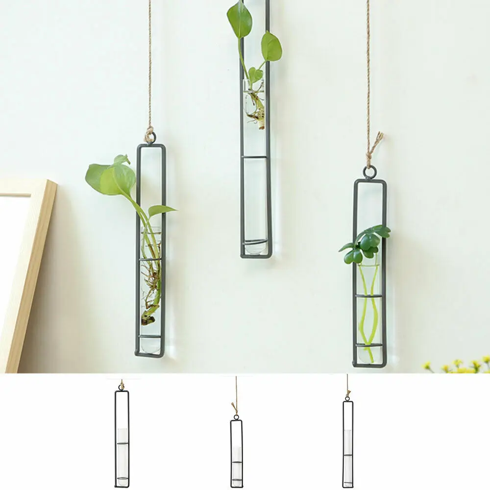 Creative Wall Hanging Flower Vase Iron Glass Transparent for