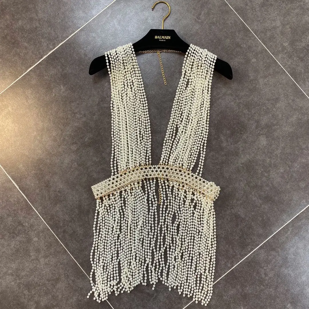 

Sexy Vest Coat for Womoen 2020 Spring and Summer New Pearl Decorative Tassel Heavy Ethnic Vest Female Tops