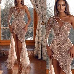 Sexy Cheap Custom Made Dusty Pink Sweetheart Shiny Shimmer One Shoulder High Slit Women Prom Dress Evening Dresses Gowns