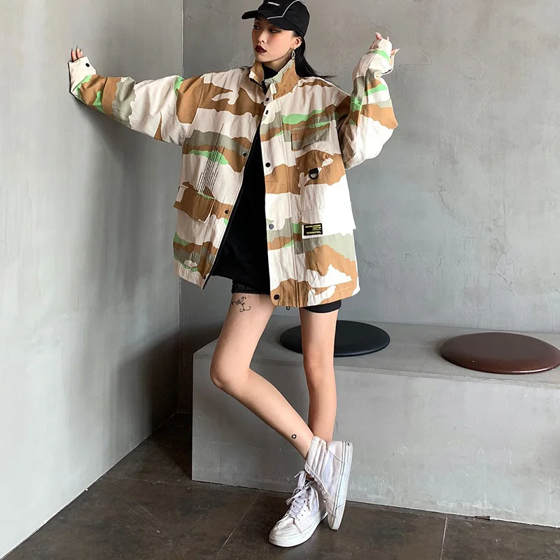 Осенние Теплые камуфляжные куртки с карманами пальто BF Свободные Harajuku Женская куртка-бомбер уличная куртка для женщин