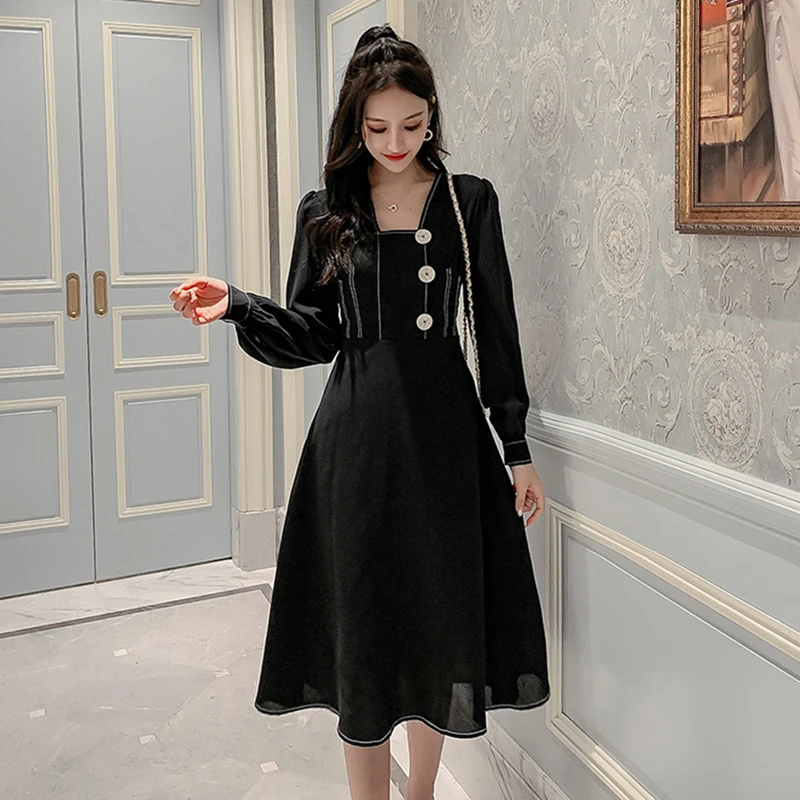 Корейская мода осень зима Vestido винтажное простое шикарное платье миди с