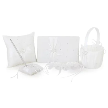 

5-in-1 Romantic Crystal Rhinestones Double Heart & Bowknot Decor Wedding Theme Style Guest Book /Pen Stand Holder /Ring Pillow /