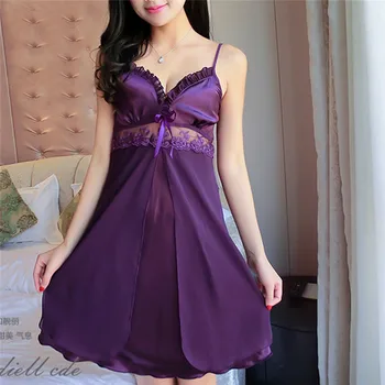 

Women Satin Nightgown Sexy Lace Sleepwear Strap Spaghetti Ladies Silk Nightwear Sleep Wear Lingerie Dress