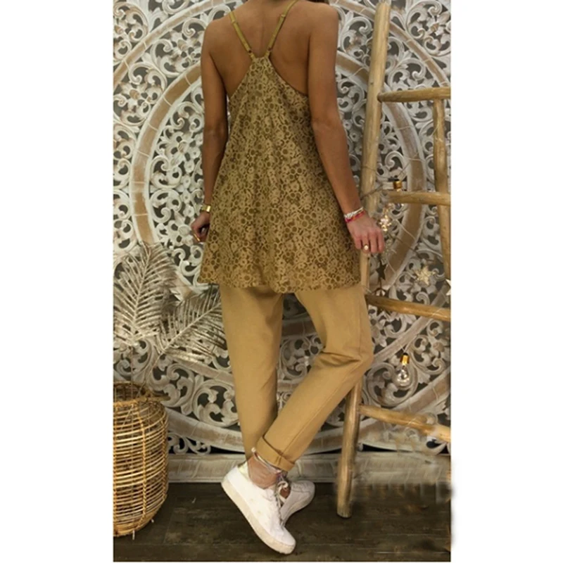 Summer Women T Shirt New Deep V Neck Lace Sleeveless Cami T Shirt Off Shoulder Backless Solid Color Female Cloths