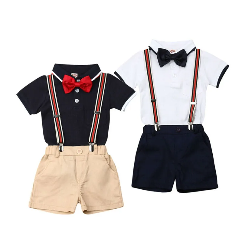 Toddler Baby Kids Boy Gentleman Formal Suit White Shirt Tops+Bib Pants Overalls Bowtie Outfit