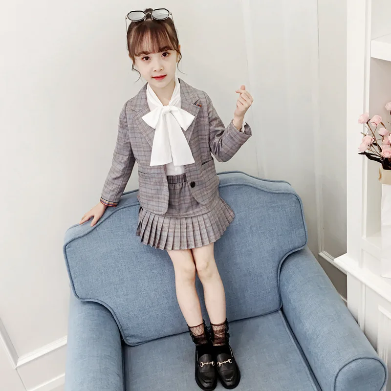 

Childrenswear Girls Spring And Autumn Suit Skirt Set 2020 New Style Hipster Plaid Suit Pleated Short Skirt Two-Piece Set