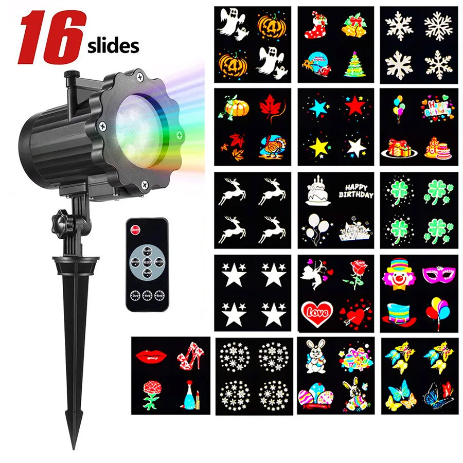 

Thrisdar 16 Slide Outdoor Christmas Projector Lamp Outdoor Snowfakes LED Stage Light Wedding Party Laser Projector Lawn Light