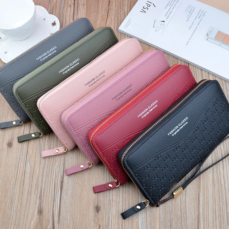 Women Long Wallet Wristband Female Many Departments Zipper Purse Checked Embossed Wallets Phone Pocket Card Holder Ladies Clutch